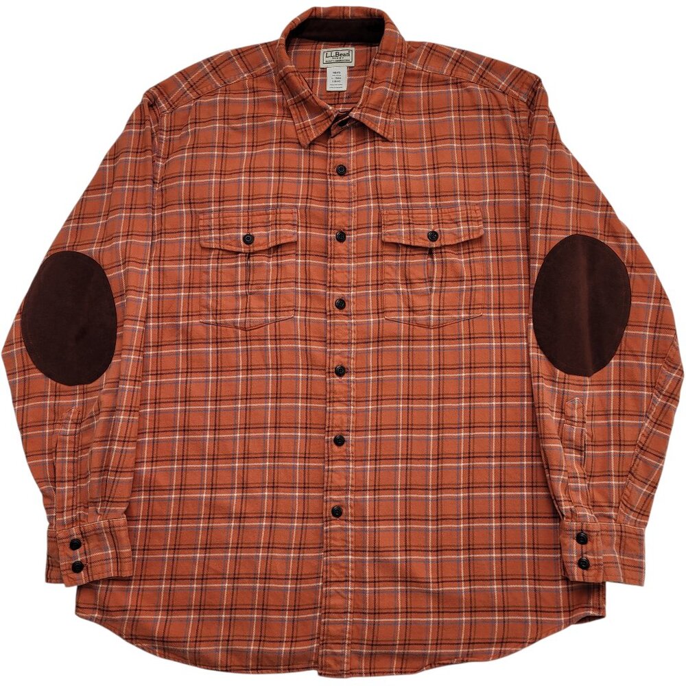L.L. Bean Mens Plaid Flannel Shirt Orange Brown Elbow Patches Large Outdoorsman